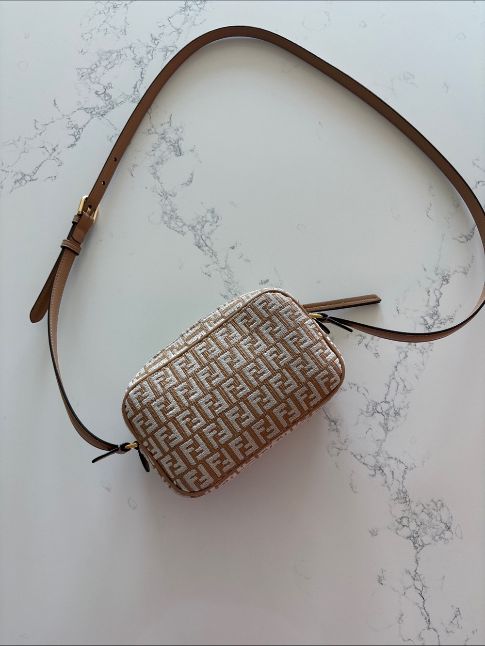 REAL Fendi Tan/Ivory FF Monogram Camera Bag, dust bag, proof of authenticity